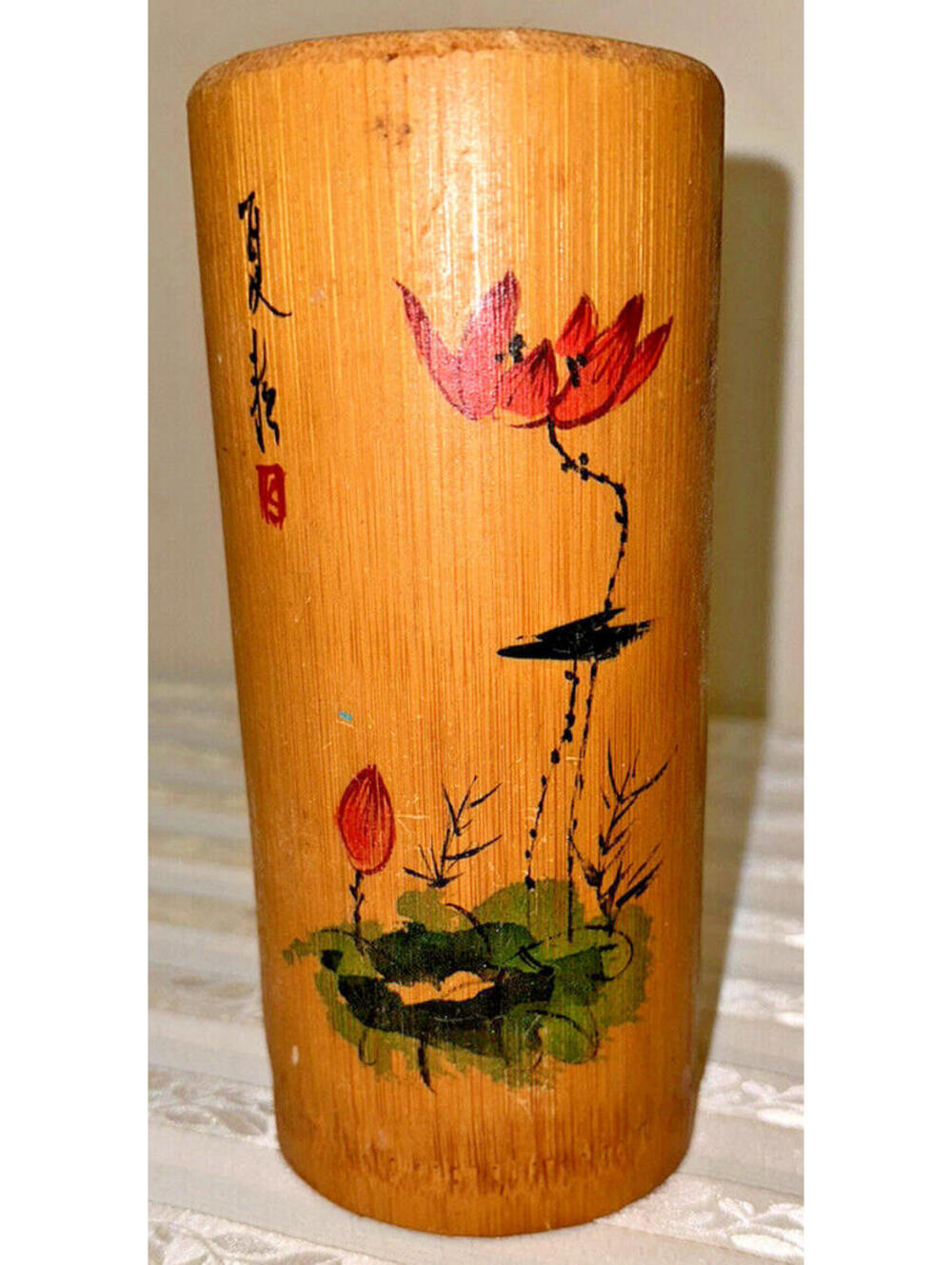 Rare Bamboo Vase 7” Tall 3” Wide Handpainted Asian Style Boho Decor